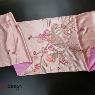 Pink silk scarf hand-embroidered with orchids 60*200 cm